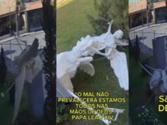 Estátua de São Miguel foi derrubada por mulher com problemas psiquiátricos em Cuiabá